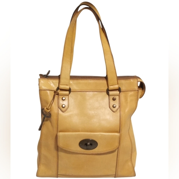 Fossil Mustard Yellow Cowhide Leather Zip Top Key Shoulder Tote Bag - Picture 1 of 8